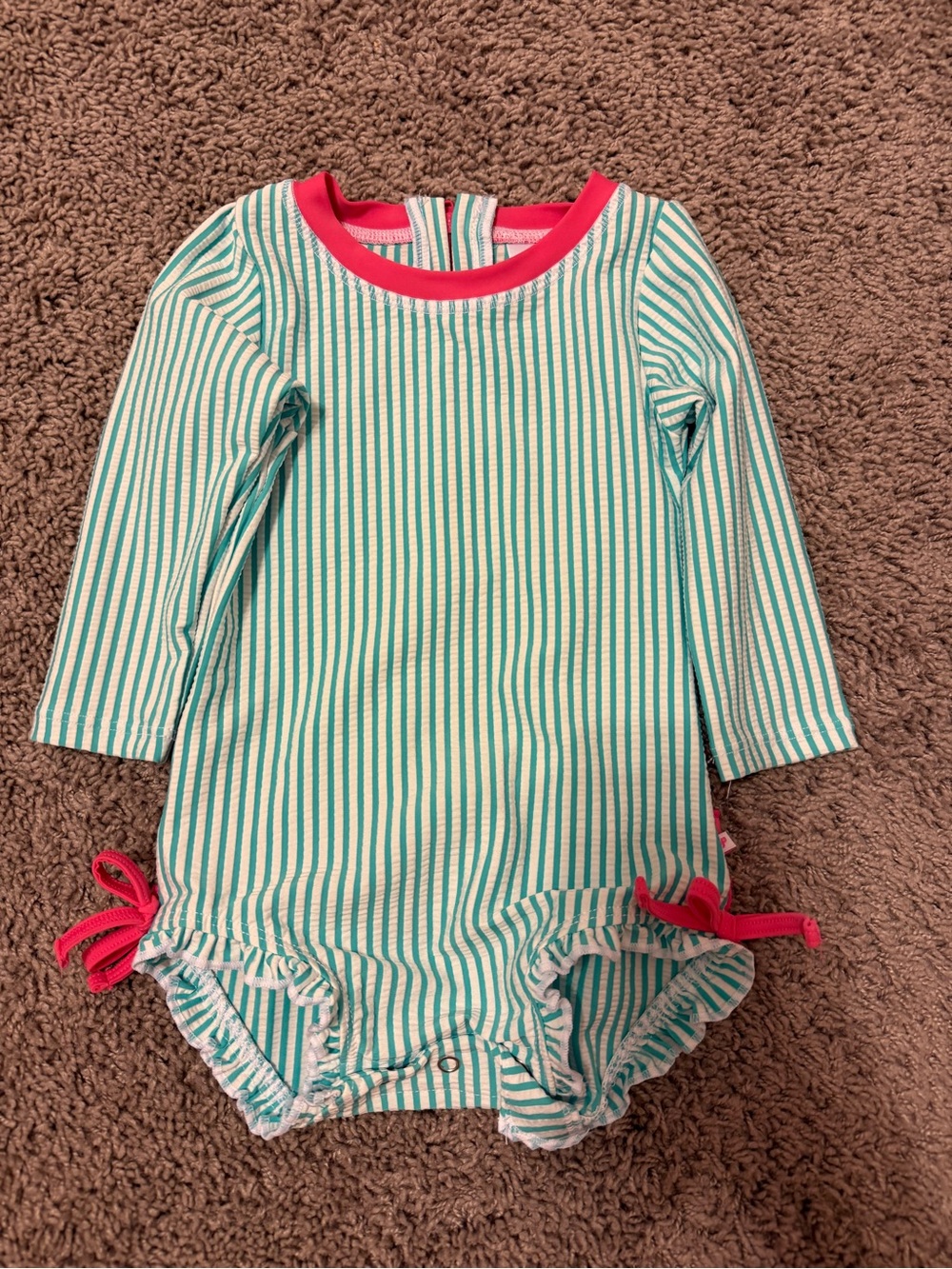 RuffleButts Teal and Coral Striped Baby Swim